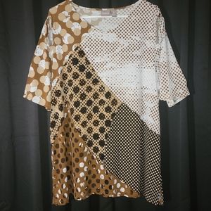 Chicos XL Blouse Brown Dots Print Large Short Sleeve Tee Shirt Top Multi